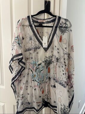 Tory Burch White Multi Floral V-Neck Sheer Tunic